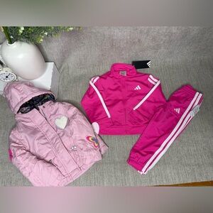 NWT Adidas Girls Pink Tracksuit 2T + Cute Jacket Bundle Spring Outfit